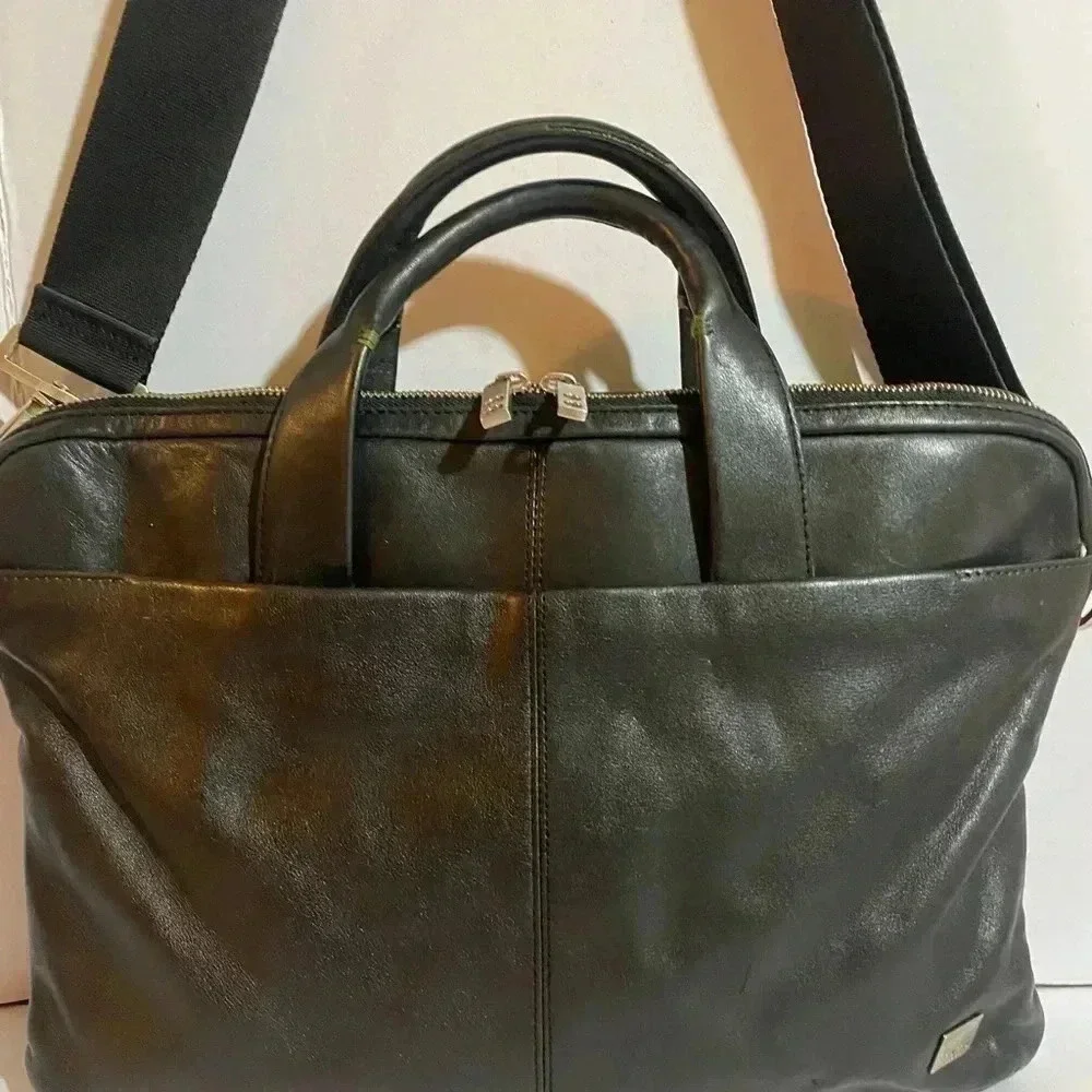Knomo  unisex black leather messenger laptop briefcase bag